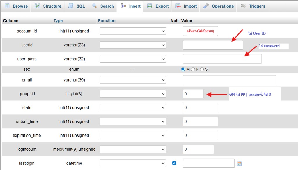 ฟอร์ม Insert ตาราง login กรอก userid user_pass และ group_id 99 สำหรับ GM
